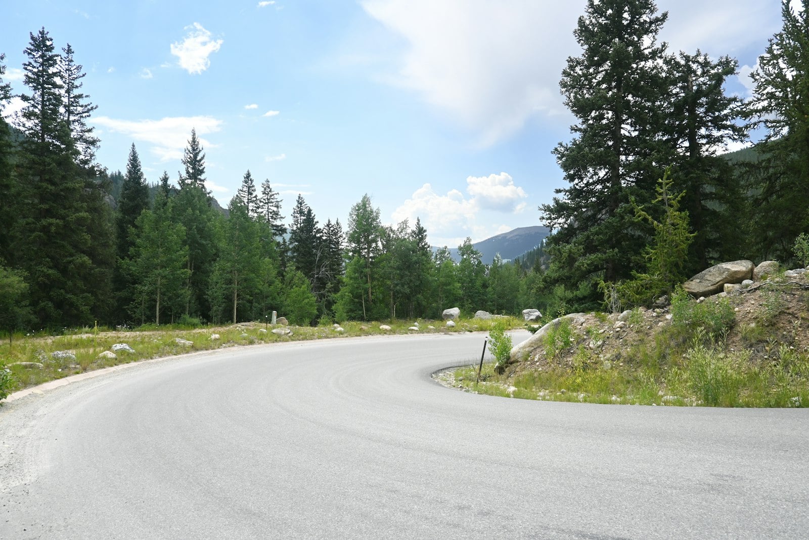 A curved two-lane road running through a forest