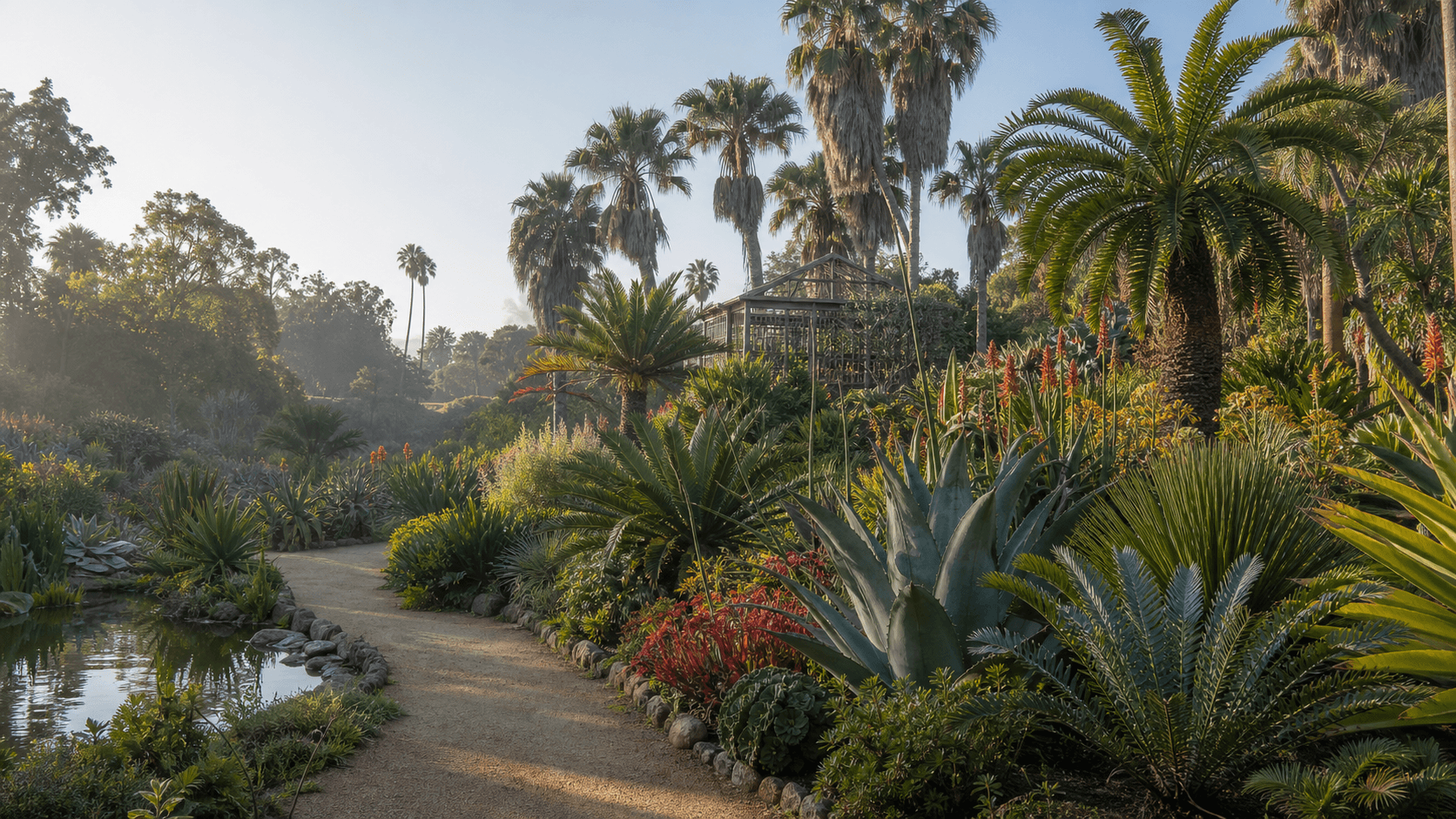 Layered palms, cycads, agaves, flowering plants, a garden path, and a reflective pond in early morning light