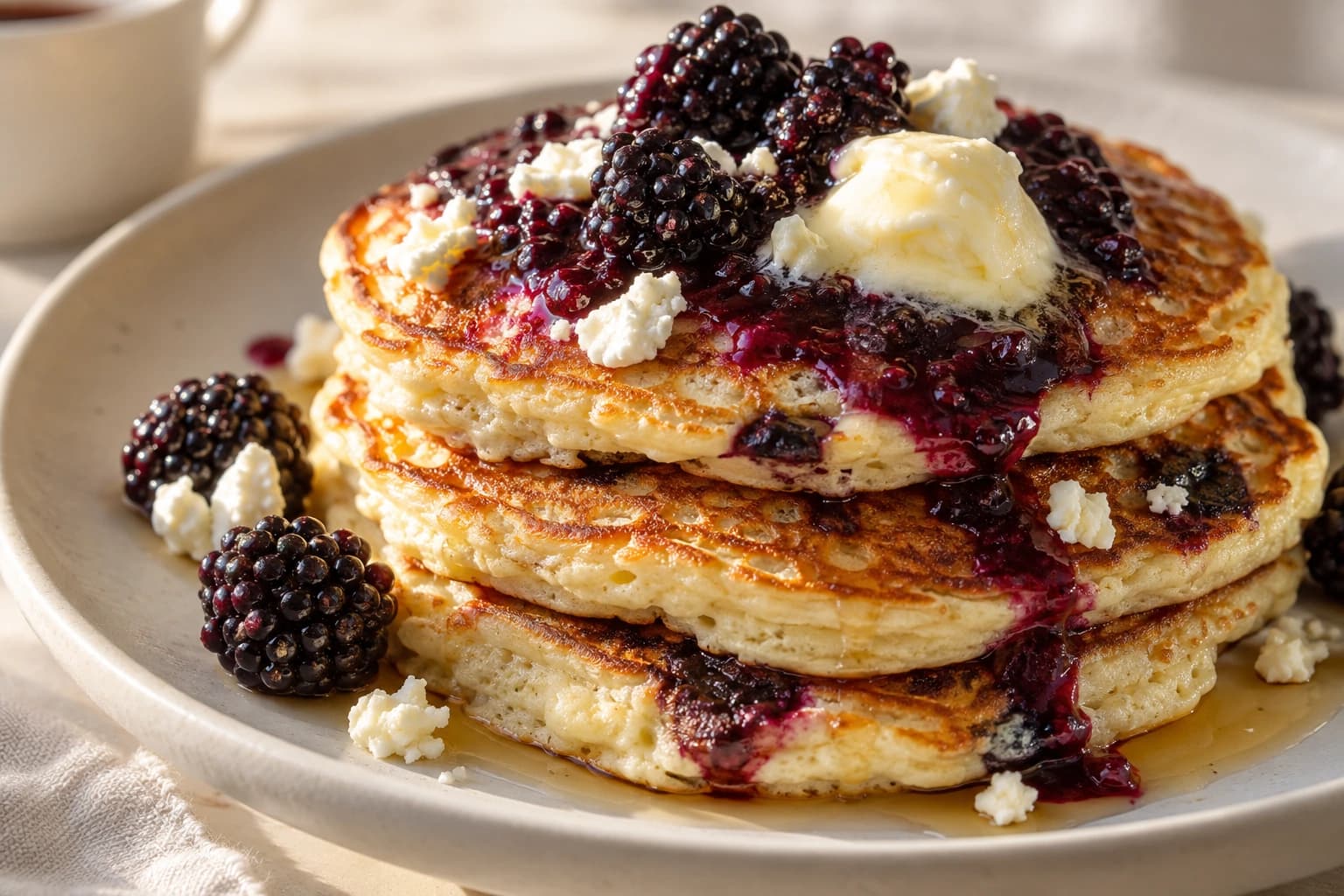 AI-generated illustration of blackberry and goat-cheese pancakes with whipped butter
