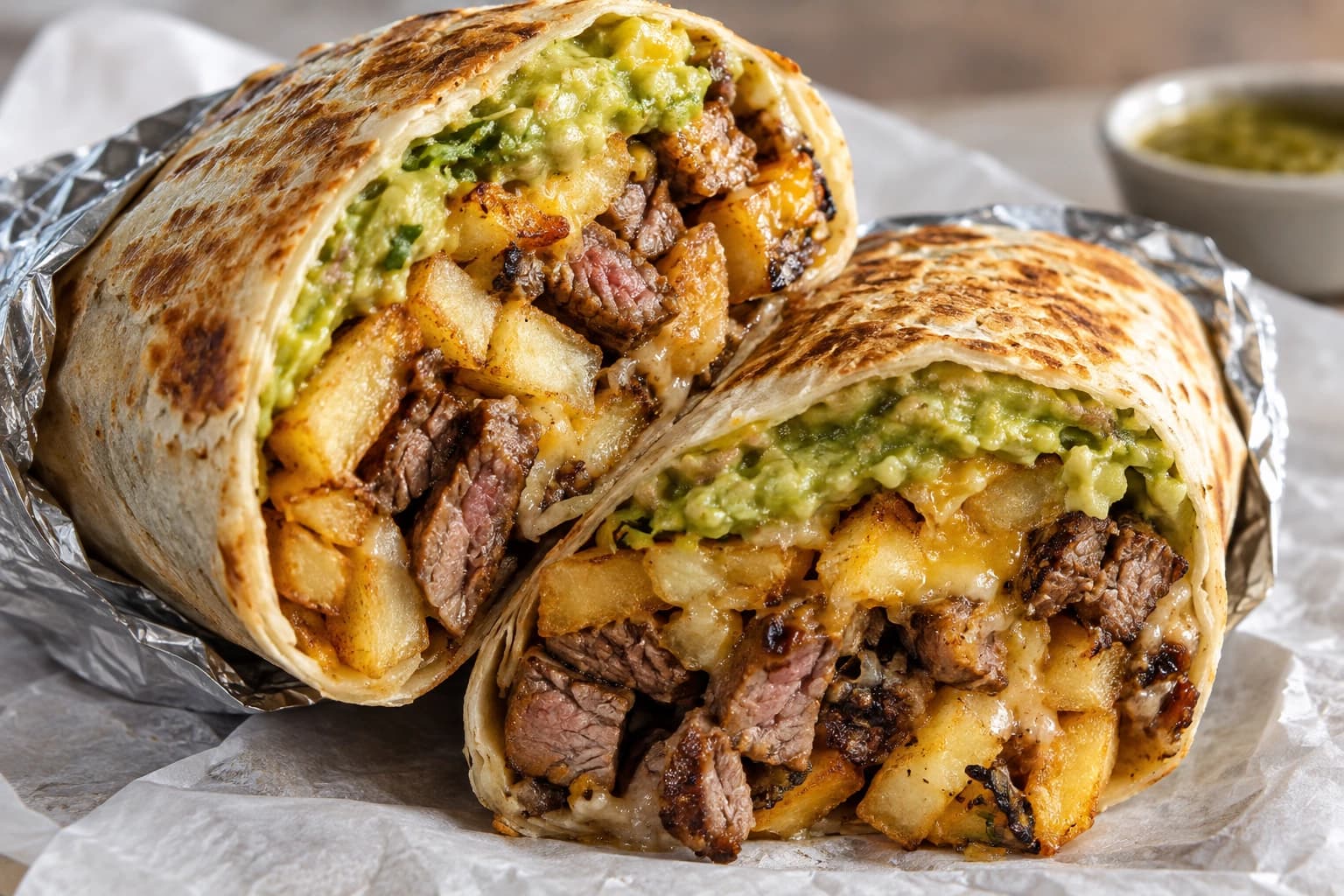 AI-generated illustration of a California burrito filled with carne asada, fries, cheese and guacamole