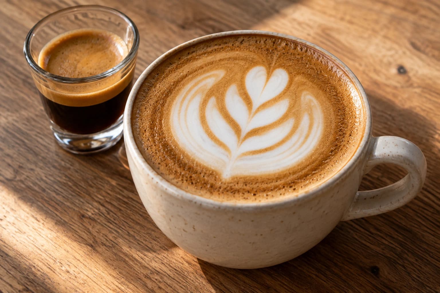 AI-generated illustration of a cappuccino with latte art beside a small espresso