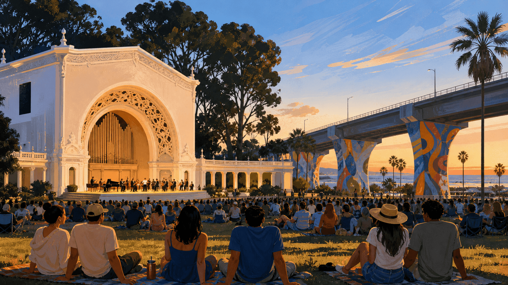 Editorial montage of a free summer organ concert, Chicano Park bridge columns, palms, and the San Diego coast