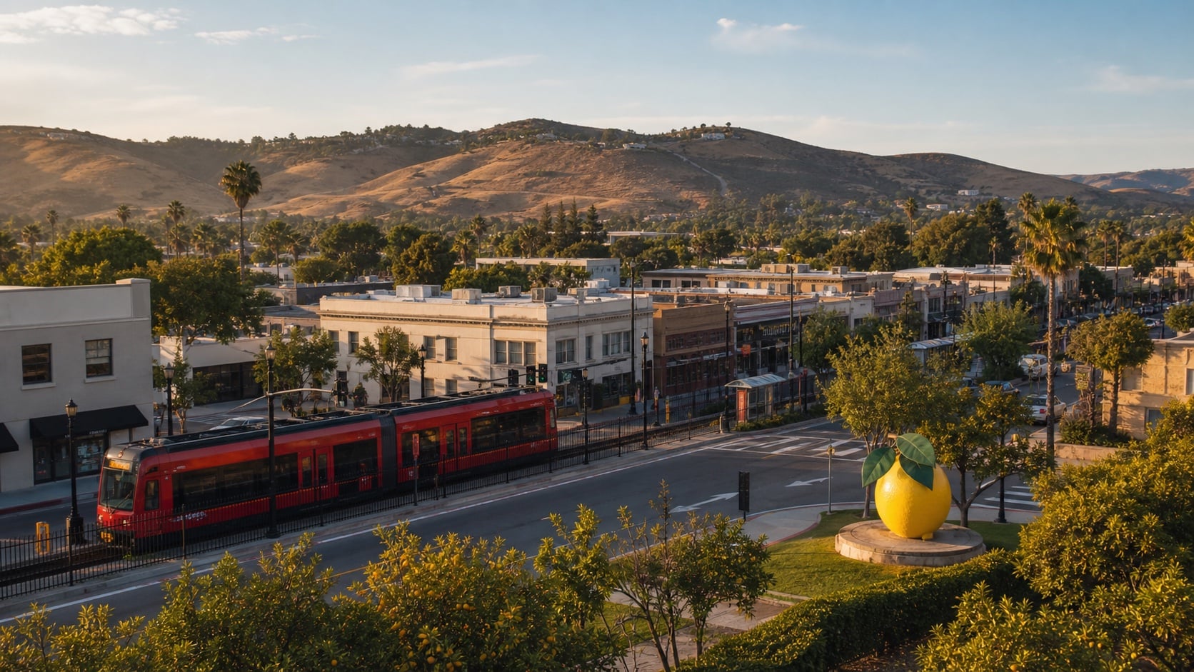A red trolley passing downtown Lemon Grove and its giant lemon landmark