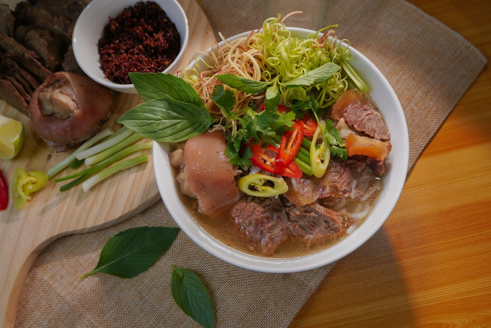 Pho and banh mi on a strip-mall table in Mira Mesa