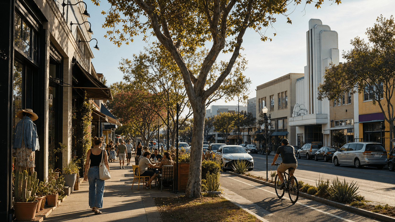 A busy North Park commercial street with sidewalk tables, pedestrians, shops, and a cyclist in late-afternoon light