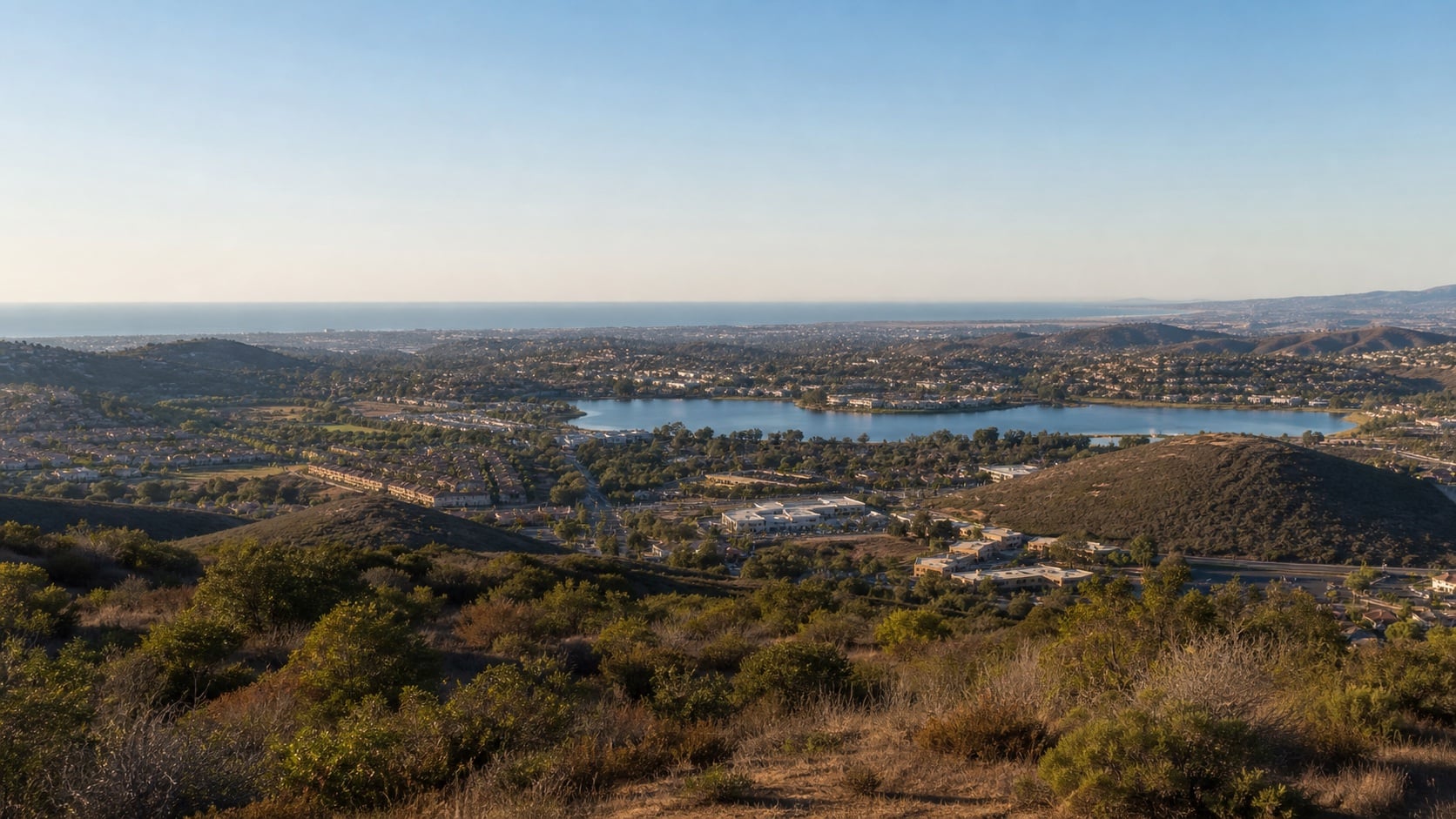 View from the San Marcos hills across Lake San Marcos toward the Pacific