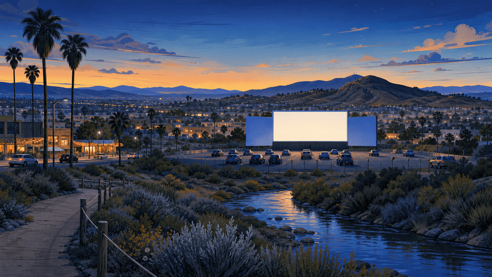 Editorial illustration of a South San Diego drive-in beside an Otay River Valley trail at blue hour