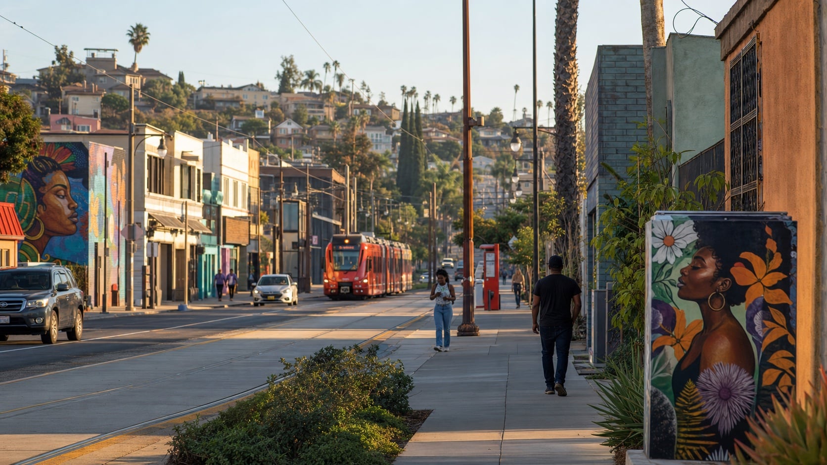 A red San Diego Trolley moving past vivid murals along the Southeast San Diego corridor