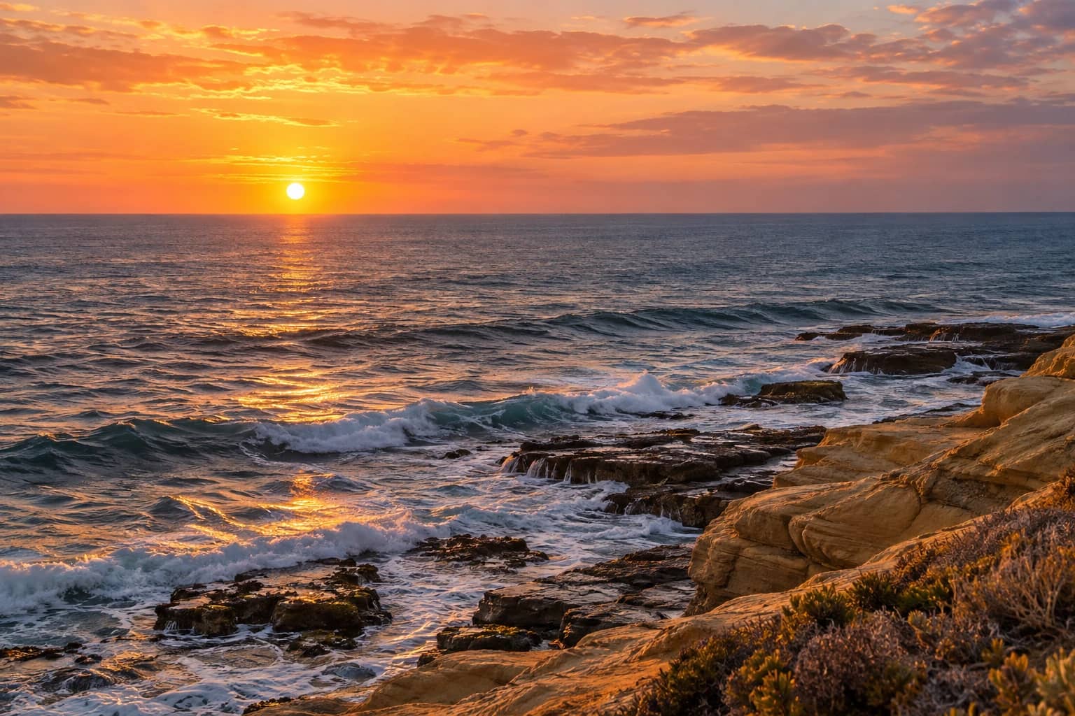 AI-generated illustration of Pacific surf and sandstone bluffs at sunset, inspired by the San Diego coast
