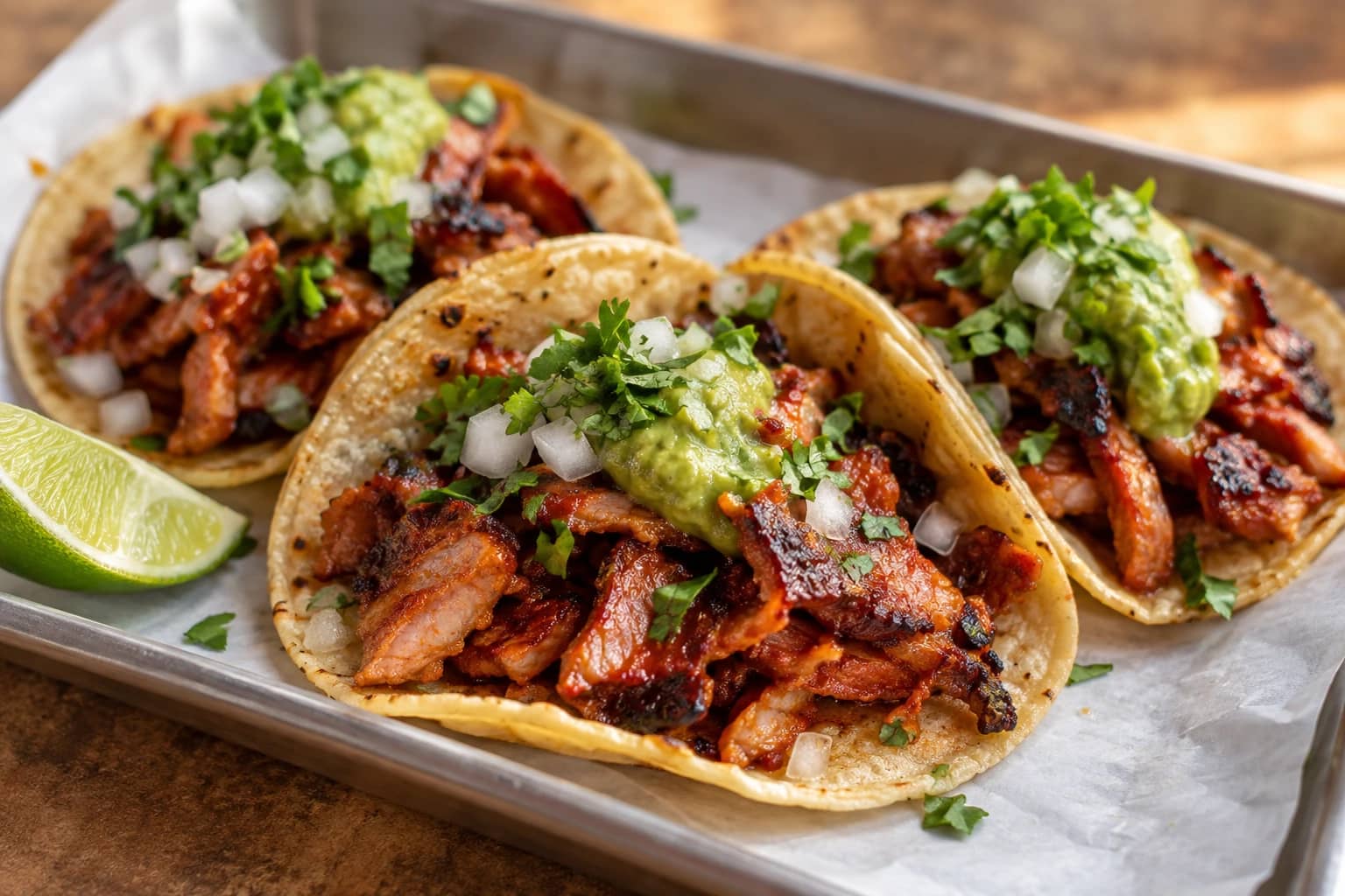 AI-generated illustration of adobada tacos with guacamole, onion, cilantro and lime