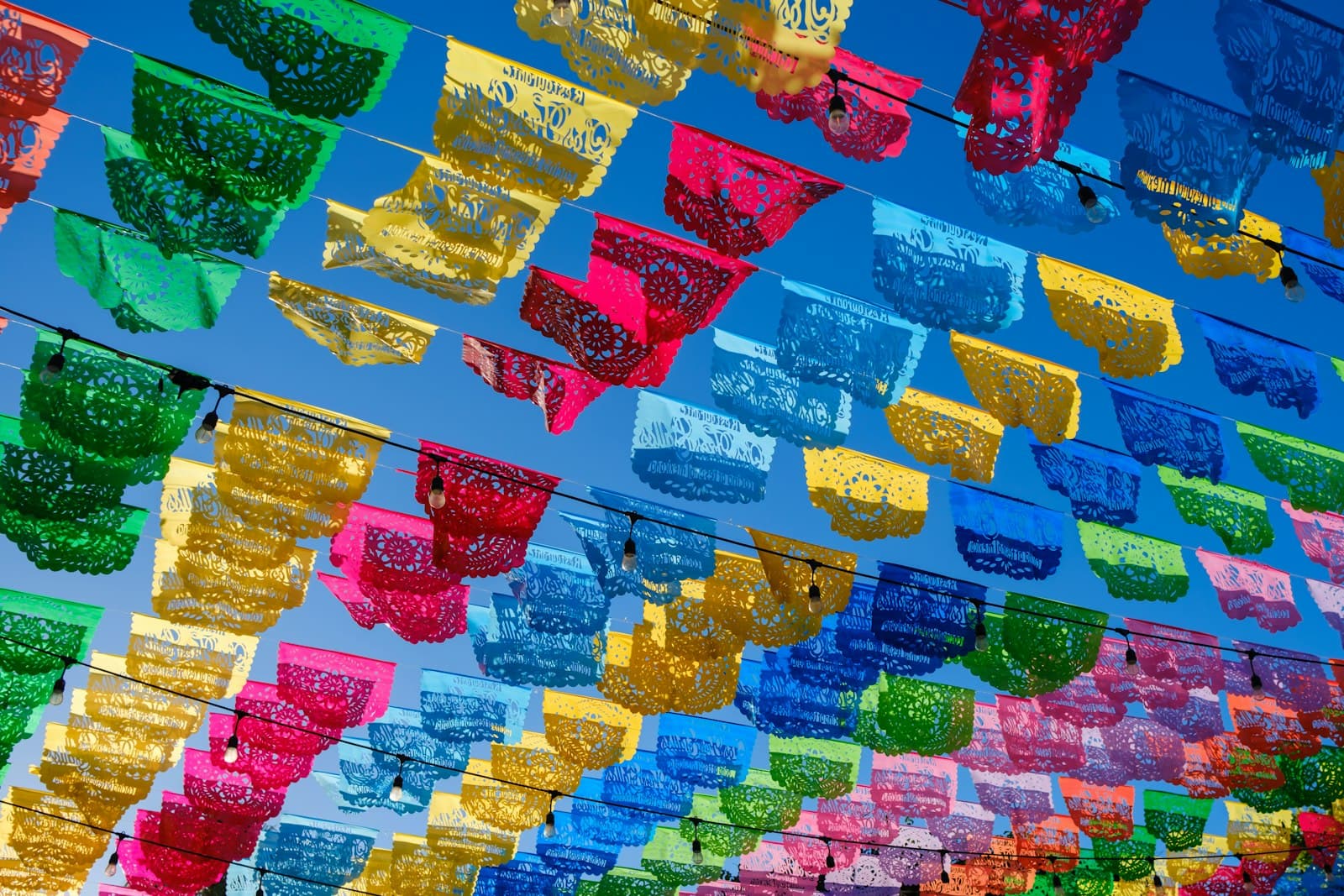 Rows of brightly coloured papel picado banners strung overhead against a clear blue sky